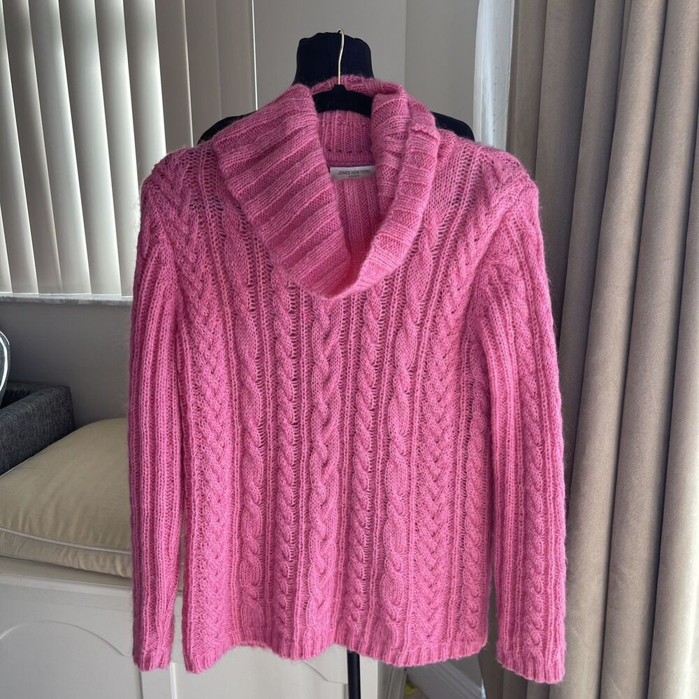 Jones New York Mohair blend Cable Knit Cowl Neck hot pink Sweater cosy luxury  S